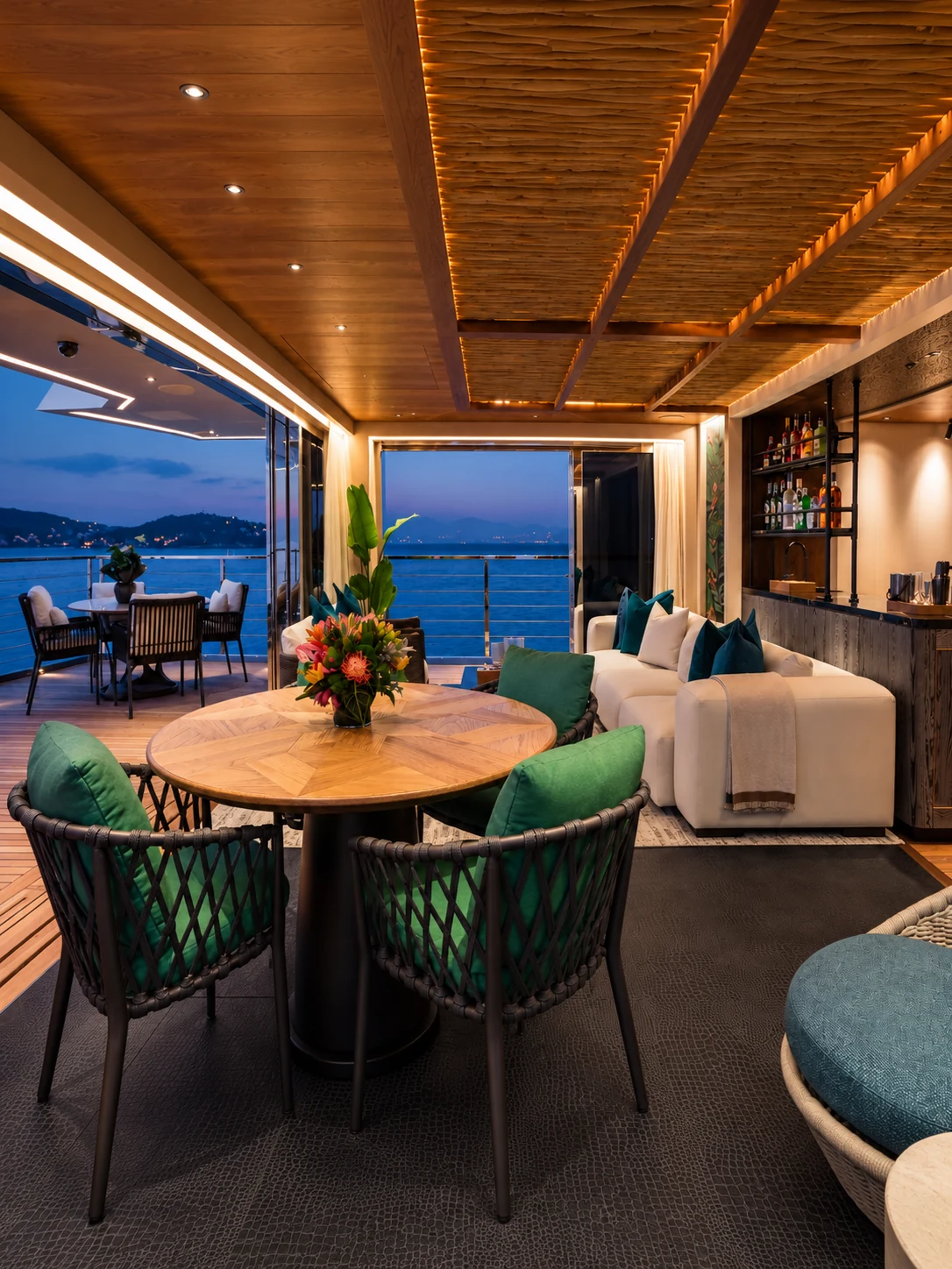 Owner's stateroom with a chameleon jungle mural and live-edge headboard