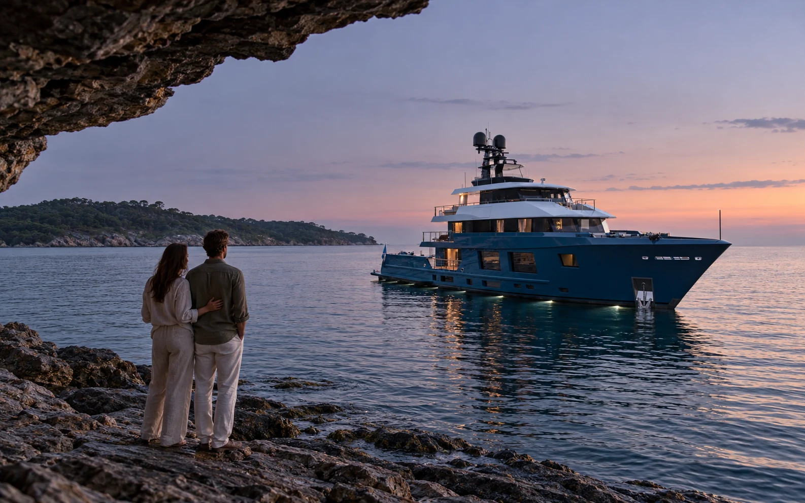 KING BENJI at anchor at sunset